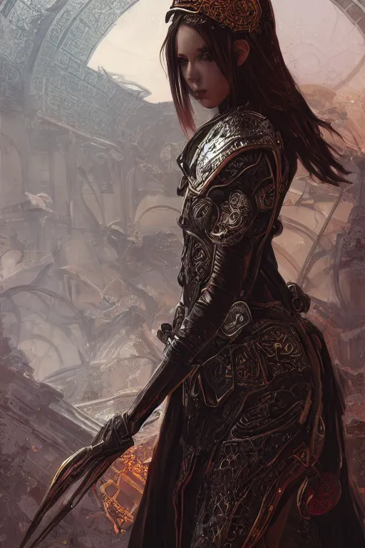 Image similar to portrait knights of Zodiac girl, metallic black and reddish reflected armor, in ruined Agora of Athens, ssci-fi, fantasy, intricate, very very beautiful, elegant, highly detailed, digital painting, artstation, concept art, smooth, sharp focus, illustration, art by tian zi and WLOP and alphonse mucha