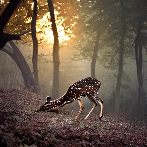 Image similar to a beautiful spotted deer in the woods lit by the morning sky, sunrise, chital, photorealistic, by annie leibovitz and steve mccurry, natural light, canon eos c 3 0 0, ƒ 1. 8, 3 5 mm, 8 k, medium - format print