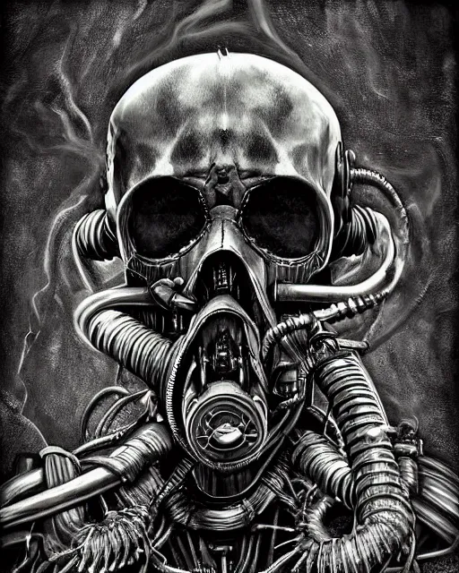 Image similar to dark scary atmospheric detailed outsider cyberpunk dark black skull with mechanical wires and smoke from the netherrealm wearing a gas mask by hr giger and alex grey