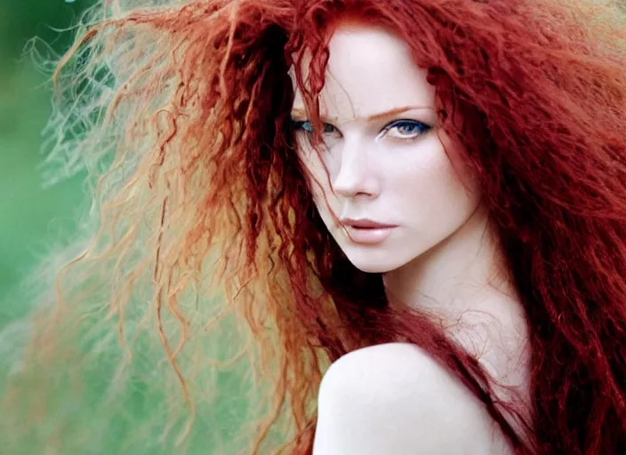 Image similar to award winning 8 5 mm close up face portrait photo of a redhead with maroon wavy hair in a part by luis royo.