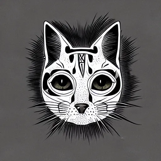 Prompt: tattoo sketch of a one - eyed cat, on a canva, blackwork, ornamental, line art, vector,