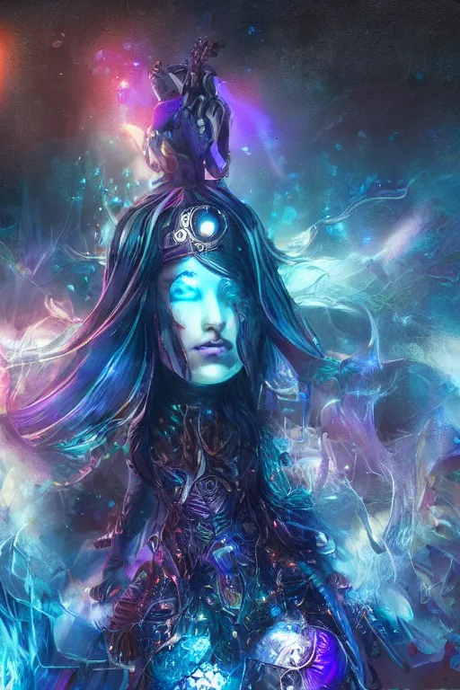 Image similar to Path of Exile, Maven, clear face, blue eyes, female image with silver purple hair among colourful lights, dark blue spheres fly around, Anachronism, painting, dark fantasy, steampunk, gothic, 4k, perfect quality,