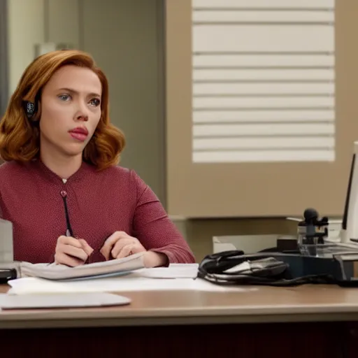 Image similar to Scarlett Johansson as Pam beesly at her desk answering the phone, photoreal broadcast quality