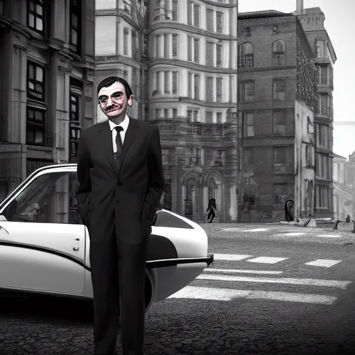 Image similar to mr. bean on the street, black and white color aesthetic, highly detailed, photorealistic portrait, bright studio setting, studio lighting, crisp quality and light reflections, unreal engine 5 quality render