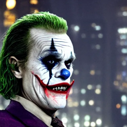 Prompt: film still of Willem Dafoe playing The Joker in The Dark Knight, 4k