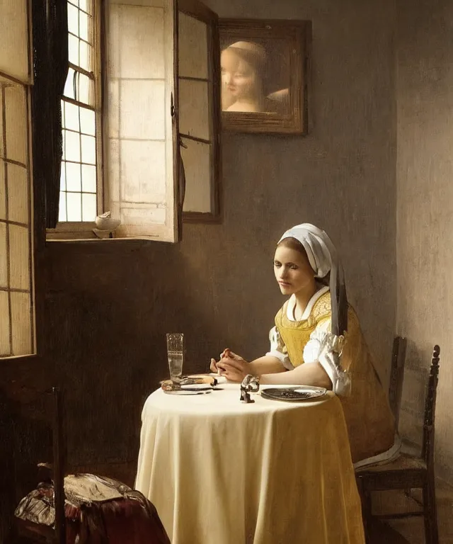 Image similar to a highly detailed, beautifully lit portrait of a pretty, young alicia vikander sitting at a table by an open window, oil painting portrait by vermeer and bouguereau and waterhouse