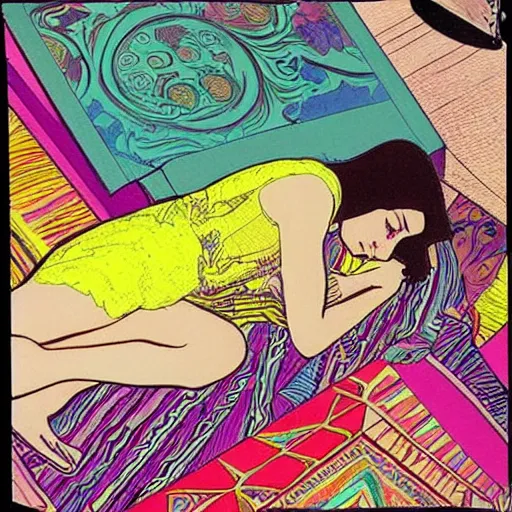 Prompt: rocker teen girl laying on the floor, writing on Journal. 1970s colorful psychedelic bedroom. Trippy. Moscoso. Mucha.