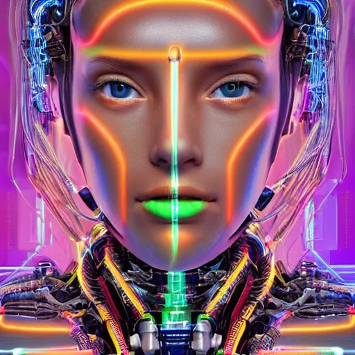 Image similar to a highly detailed portrait composition of an artificial intelligence bionic woman humanoid, symmetrical facial proportions, forward facing, symmetrical, with neon topaz marble skin and exposed colorful circuits and cables, extremely detailed, intrincate detailed, ultrafine, octane render, 4 k, artstation, cgsociety, by sam spratt and dan mumford and naoto hattori