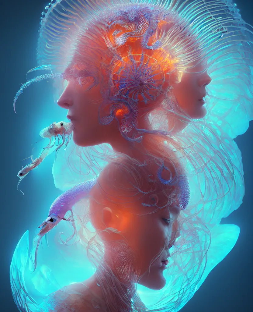 Image similar to goddess close-up portrait. orchid jellyfish phoenix head, nautilus, skull, betta fish, bioluminiscent creatures, intricate artwork by Tooth Wu and wlop and beeple. octane render, trending on artstation, greg rutkowski very coherent symmetrical artwork. cinematic, hyper realism, high detail, octane render, 8k