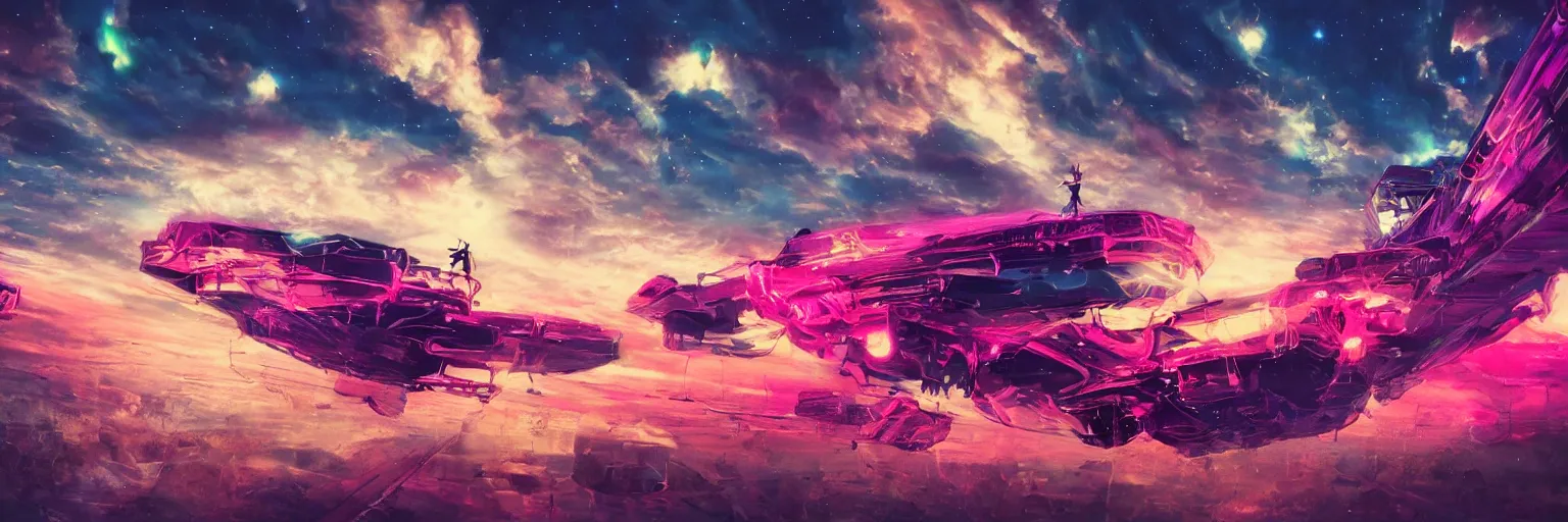 Prompt: oil painting, ultra detailed, the middle view dog, run, spase dogs and punks running with neon mohawks, space, dark, stars, pink, pirate neon ship with punks on board, neon, rich deep colors masterpiece, contrast, clouds, sky, volumetric light, atmospheric lighting, dramatic, cinematic, moody, octane render 4 k, 8 k