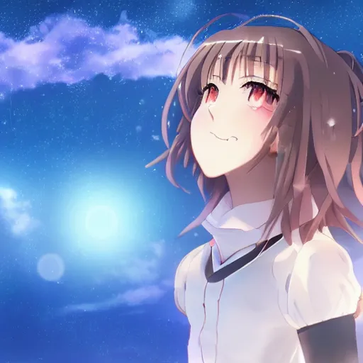 Image similar to key anime visual of a girl looking at a sky full of stars, detailed digital painting, sharp official media, extreme wide shot cold backlit beautiful lighting, stunning vfx