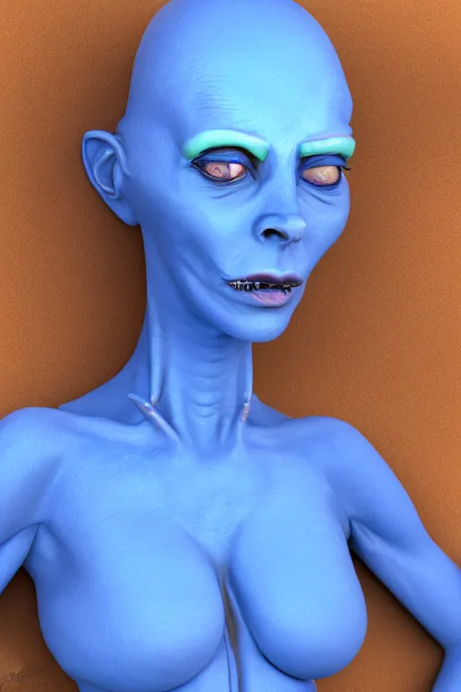 Prompt: portrait of a blue alien woman, silicone skin, 4 eyes, pierced with plasma jets, 5 th element, cinematrographic, elegant, soft shapes, sharp details, 3 5 mm, f / 2 4