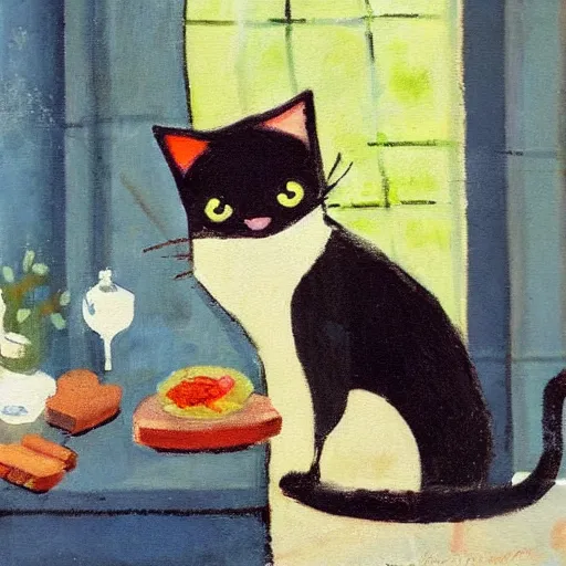 Prompt: a cute cat cooking a breakfast, impressionist painting, masterful