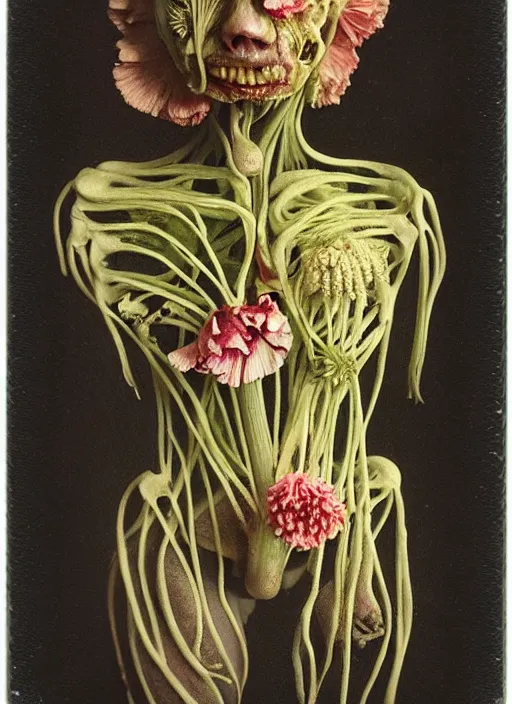 Image similar to beautiful and detailed rotten woman made of plants and carnation, chrysanthemum, tulips, muscles, intricate, organs, ornate, surreal, john constable, guy denning, gustave courbet, caravaggio, romero ressendi 1 9 1 0 polaroid photo