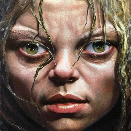 Image similar to detailed portrait of mila kunis as gollum from lord of the rings intricate, hyper detailed, realistic, oil painting, by julie bell, frank frazetta, cinematic lighting