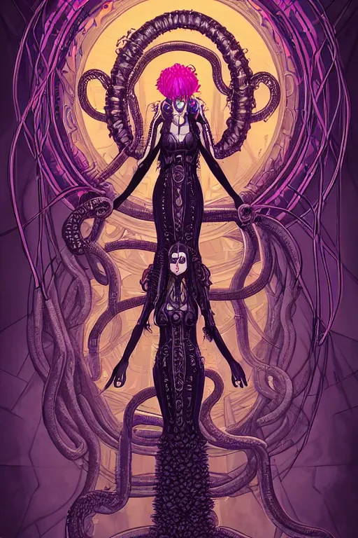 Image similar to Perfectly-centered Hyperdetailed symmetrical cinematic RPG portrait-illustration of a beautiful aetherpunk cyberpunk Medusa in a long dark otherworldly dress while her hair are huge ravepunk snakes. She's standing next to lovecraftian towers in a surreal landscape, style of an epic sci-fi comic-book cover, 3D rim light