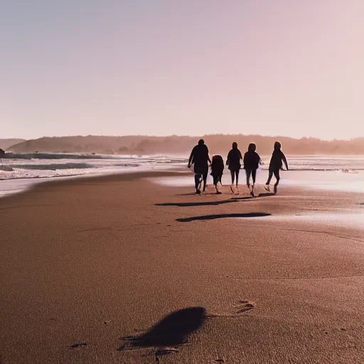 Image similar to a candid style photography of people walking on an Oregon beach, natural lighting, golden hour, well lit, Kodak gold 200 film, trending on instagram