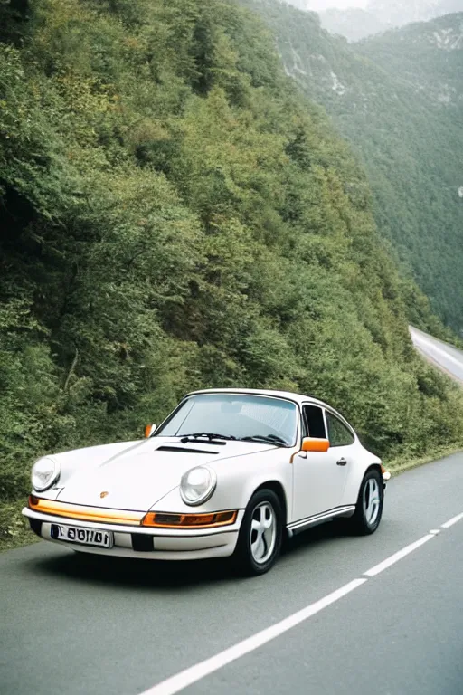 Image similar to Photo of a Porsche 911 Carrera 3.2 on a winding road through mountains and forests. Canon EOS 100, 28-80mm USM MkI, Ektachrome E100