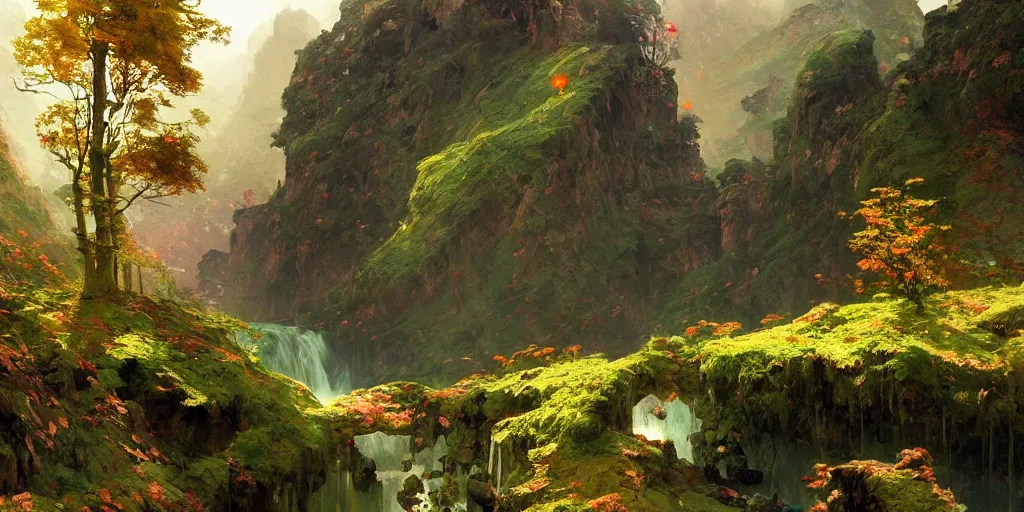 Image similar to beautiful landscape forests mountains rivers red and green leaves many layers waterfalls villages castles, buildings artstation illustration sharp focus sunlit vista painted by ruan jia raymond swanland lawrence alma tadema zdzislaw beksinski norman rockwell tom lovell alex malveda greg staples