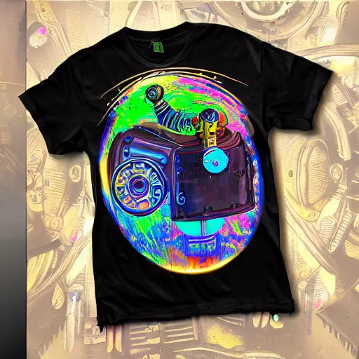 Prompt: mockup of a black tshirt with a hyperdetailed portrait of a trippy steam punk robot, 8 k, symetrical, flourescent colors, happy mood, multicolored,