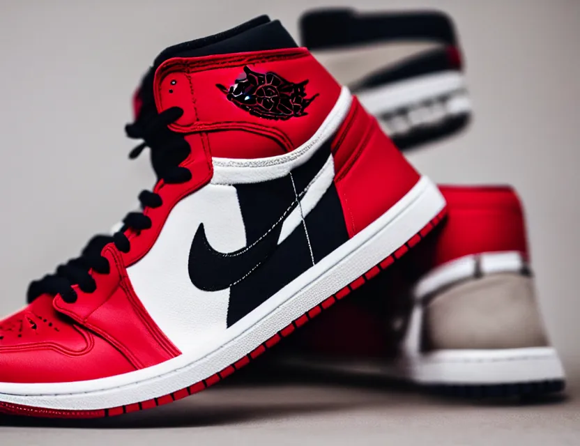 Prompt: a press photograph of nike jordan 1 red white and black, size 1 0, white background