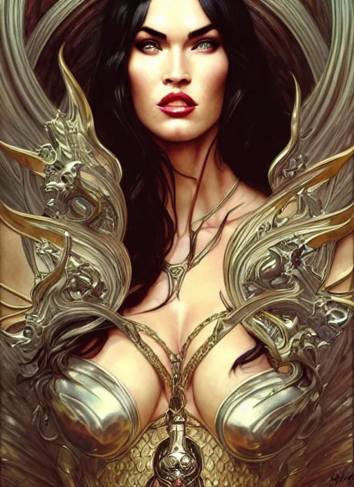 Prompt: megan fox as the goddess of chaos!! intricate elegant, highly detailed, digital painting, artstation, concept art, smooth, sharp focus, illustration, art by ( ( ( artgerm ) ) ) and greg rutkowski! and ( ( alphonse mucha ) ), heavily influenced by frank frazetta and boris vallejo