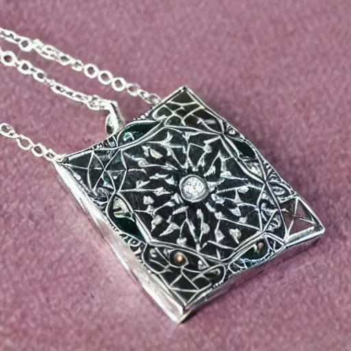 Prompt: a silver inlaid necklace with a house shaped diamond stone, photo realistic