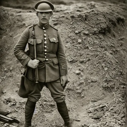 Image similar to Thanos as a soldier, ww1 trench, war photo, film grain