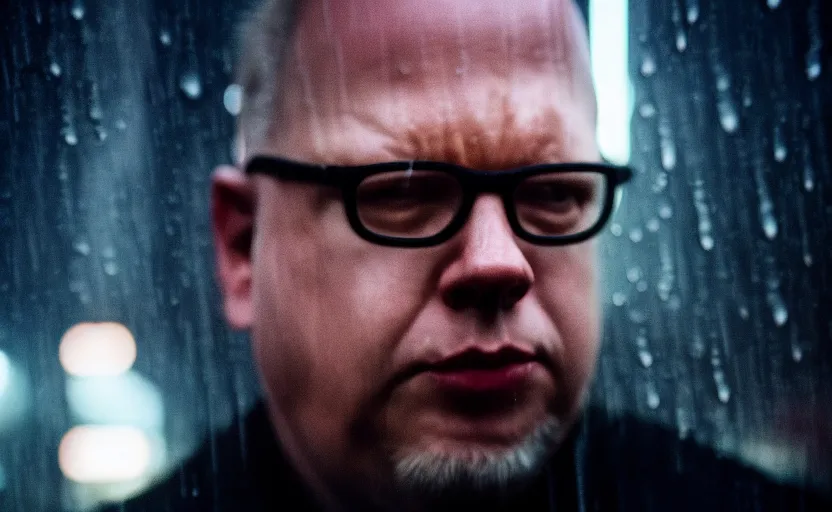 Image similar to cinestill 5 0 d candid photographic portrait by david cronenberg of black francis, modern cyberpunk moody emotional cinematic, closeup, pouring rain menacing lights shadows, 8 k, hd, high resolution, 3 5 mm, f / 3 2, ultra realistic faces, ex machina