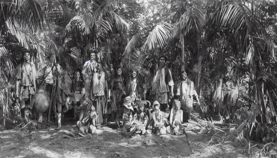 Image similar to lost film footage of a sacred ethnographic object in the middle of the ( ( ( ( ( ( ( ( ( tropical jungle ) ) ) ) ) ) ) ) ) / film still / cinematic / enhanced / 1 9 2 0 s / black and white / grain