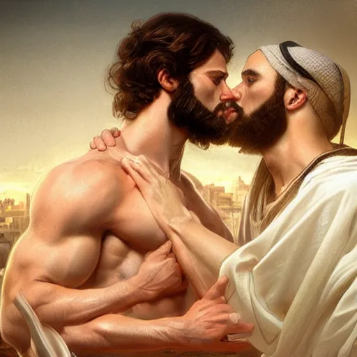 Image similar to jesus kissing a sensual muscular man in jerusalem, elegant, highly detailed, digital painting, artstation, concept art, matte, sharp focus, highly detailed, 4 k, hdr, smooth, sharp focus, high resolution, award - winning photo, photorealistic, art by artgerm and greg rutkowski and alphonse mucha, large shot