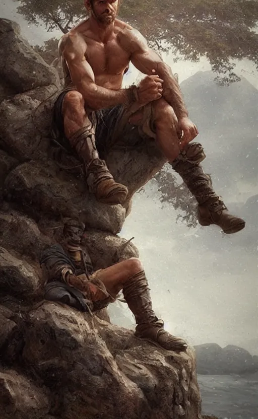 Image similar to Portrait of a rugged ranger sitting down on a rock by a fire, male, muscular, straight nose!!!, detailed face, handsome face, bare thighs!!!, simple clothing!!!!!, fantasy, medieval, highly detailed, cinematic lighting, digital art painting by greg rutkowski