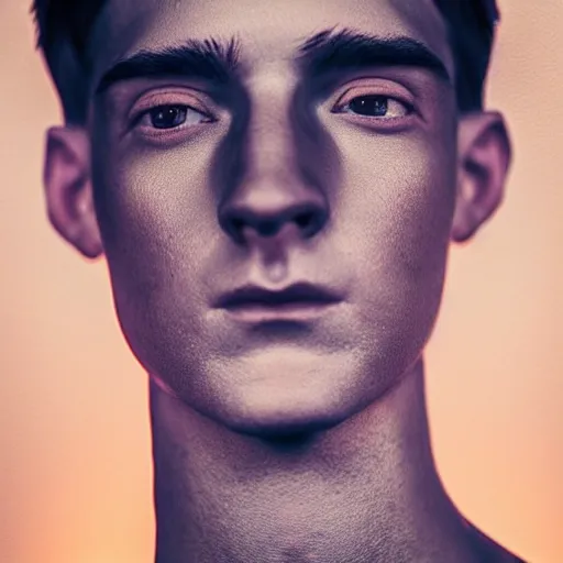 Image similar to “a realistic detailed photo of a guy who is an attractive humanoid who is half robot and half humanoid, who is a male android, twitch streamer Ninja Tyler Blevins, shiny skin, posing like a statue, blank stare, gaming room, close up”