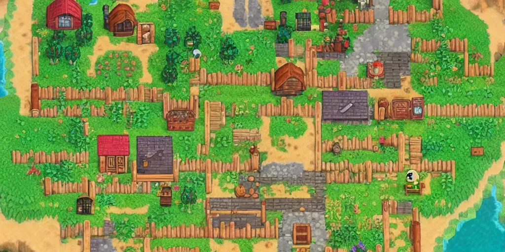 Prompt: small garden village, cottagecore, animal crossing, stardew valley, moss, village, plants, cute, friendly in the style of studio ghibli
