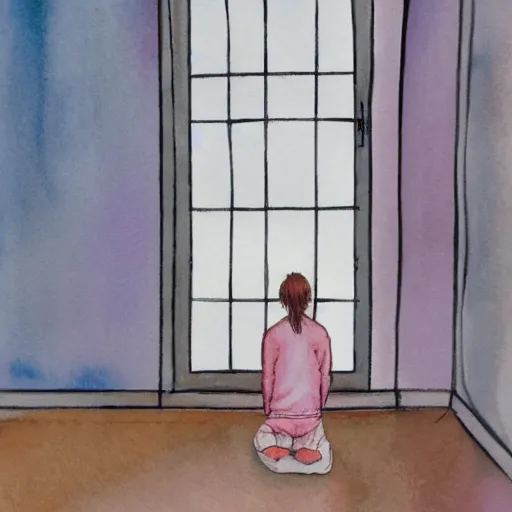 Image similar to person in pyjamas standing near window, sun rays, daylight, big french door window, big spatious room, 2 4 mm, wooden floor, modern, pastel palette, winter sun, photorealistic, high ceiling, watercolor painting