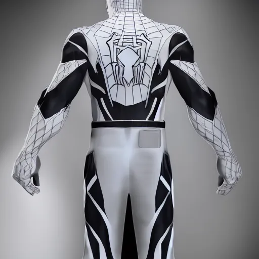 Image similar to white spider - man suit with black web lining, cinematic, volumetric lighting, realistic, hyperdetailed, photorealistic, photograph