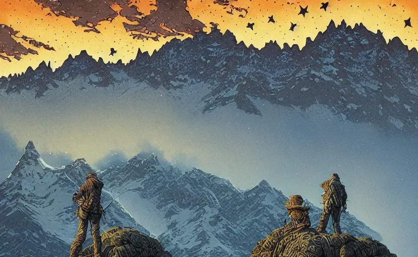 Prompt: mountains, stars and paisley filled sky, artstation, intricate, highly detailed, digital painting, concept art, sharp focus, illustration by Michael Whelan and Enki Bilal