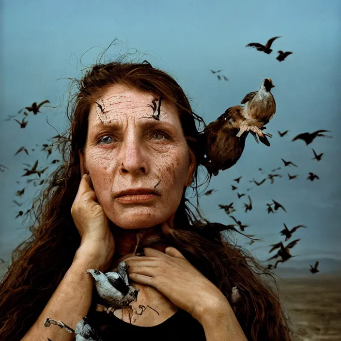 Prompt: closeup portrait of a woman with birds growing out of her face, standing in a desolate apocalyptic city, by Annie Leibovitz and Steve McCurry, natural light, detailed face, CANON Eos C300, ƒ1.8, 35mm, 8K, medium-format print