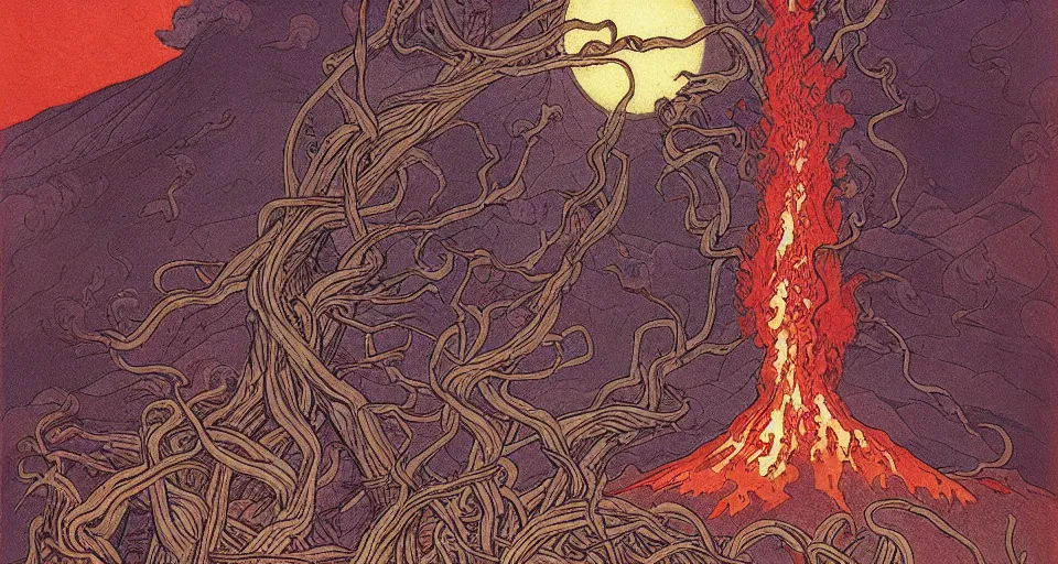 Prompt: a volcano made of ivory vines and crimson rocks enters in eruption, it spits a smoke in the shape of demonic eye, by Ivan Bilibin,