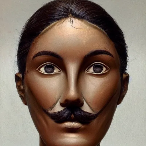 Image similar to portrait art, Tall and statuesque, this bronze skinned woman has a very aggressive feel about her, and she has a noticeable scar on her face which she got during a terrible accident many years ago. Her fine, black hair is closely shaved and currently bleached blonde. She has an impressive moustache. She has large, black eyes, neat eyebrows and thin lips. She wears lavender eyeshadow, natural-coloured lipstick, thick eyeliner, light blush and a natural-looking foundation. She has large hands, toned arms, narrow shoulders, wide feet, and long legs. She has pierced her navel