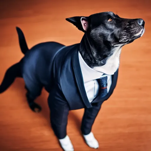 Image similar to a high detail shot of a dog wearing a suit, realism, 8k