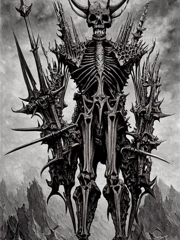 Prompt: A spiked horned semiork-semihuman skeleton with armored joints stands in a large cavernous fortress with a sword in hand. Massive shoulderplates. Extremely high details, realistic, fantasy art, solo, masterpiece, bones, ripped flesh, saturated colors, art by Zdzisław Beksiński, Arthur Rackham, Dariusz Zawadzki