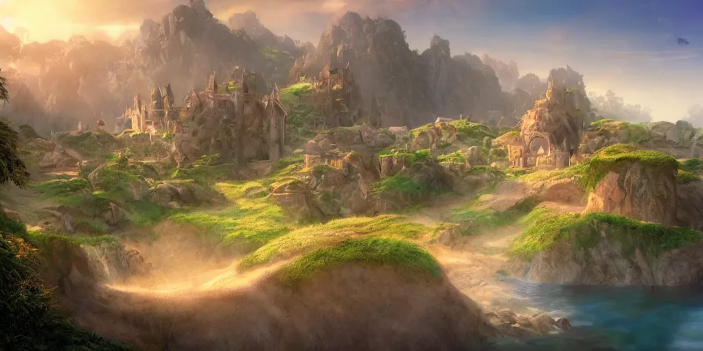 Prompt: lush and beautiful concept art for the shire, floating rocks, arabian castles, sand, golden sun, planets, lord of the rings, peter jackson, studio ghibli, detailed, realistic lighting, volumetric lighting, golden hour,