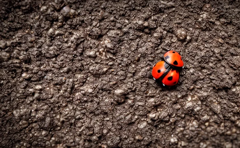 Image similar to a tiny world made of mud, there is a beautiful ladybug with 6 legs ready to fly away, wings opened up, ambient light, beautiful photography