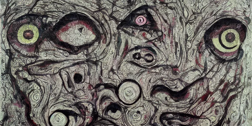 Image similar to camo of eyes, technical, acrylic, teeth, eerie, tribal, clay, dots, lines, stipple, points, grid, cybernetic, old painting, francis bacon, swirly eyes, hypnosis, eerie, sharp