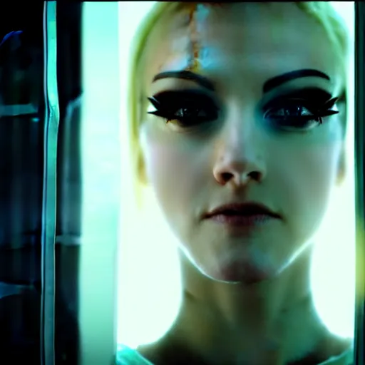 Prompt: beautiful android peeking at you though the curtains, short spiky blonde hair, cyberpunk outfit, still from closed circuit tv footage