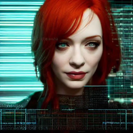 Image similar to 3 d render of christina hendricks in cyberpunk, smooth, intricate, octane, reflects, ultra detailed, sharp focus, symmetry