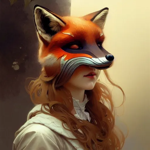 Image similar to A girl wearing a fox mask, face, detailed, intricate, elegant, highly detailed, digital painting, artstation, concept art, smooth, sharp focus, illustration, art by Krenz Cushart and Artem Demura and alphonse mucha
