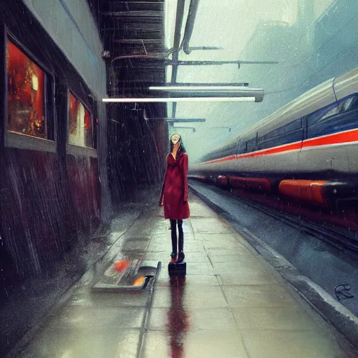 Prompt: detailed portrait of a woman, moment, cyberpunk mag - lev bullet train electronic billboards, tech noir, wet reflections, atmospheric, ambient, livia prima, greg rutkowski, edward hopper, pj crook