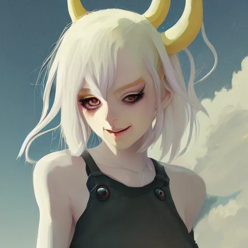 Prompt: a pale demoness with white hair, yellow eyes and horns wearing sweater and overalls on top. highly detailed, digital painting, artstation, matte, by makoto shinkai, animation style